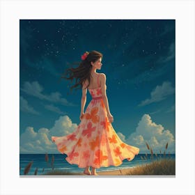 Beautiful Woman In Watercolor Dress, Serene Starlit Night 1 Canvas Print