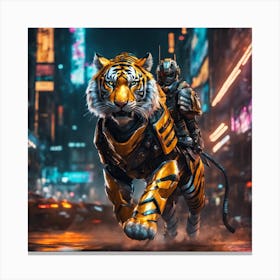 flash riding a tiger wearing full body heavy duty armour in highly detailed digital painting in cyberpunk style Canvas Print