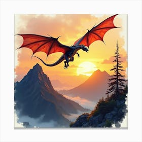 Watercolor Of A Dragon Flying Over The Lonely Mountain At Sunset 1 Canvas Print