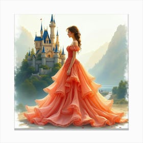 Beautiful Woman In Watercolor Gown, Enchanting Castle Background 1 Canvas Print