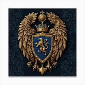 A mesmerizing coat of arms, featuring a striking eye at its center, is primarily adorned in the regal color of midnight blue. Two majestic griffins stand proudly on either side, with crossed weapons beneath them, all against a background shield. This detailed image, reminiscent of a medieval painting, exudes a sense of power and mystery. The craftsmanship is impeccable, with intricate details that command attention. The rich hues and intricate design make it a truly captivating and commanding piece of art. 2 Canvas Print
