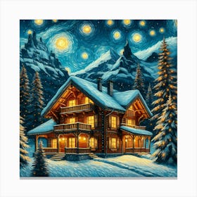 Swiss Chalet With Pine Trees In A Winter Wonderland At Starey Night Painting Art Canvas Print