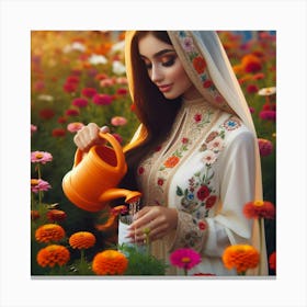 Beautiful Muslim Woman Watering Flowers Canvas Print