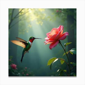 A Colorful Hummingbird Hovering Near An Oversized Rose, In A Dreamy, Mist Filled Forest Canvas Print