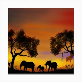 Landscape Illustration Elephants Animals Africa Sunset Eventide Night Sky Canvas Print