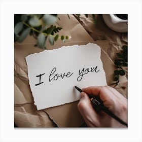 a person's hand is writing the phrase "I love you" in black ink on a white, textured piece of paper Canvas Print