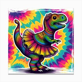 A Psychedelic Dinosaur Wearing A Tutu With Stripes, Inspired By The Trippy And Vibrant Art Of Jimi Hendrix, In A Vibrant Rainbow Color Scheme, With The Dinosaur In Sharp Focus And The Background Blurred Into Vibrant Shapes Canvas Print