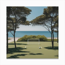 Football Field In Front Of The Sea And Trees Canvas Print