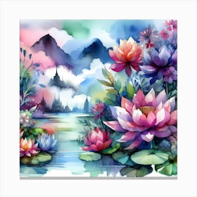 Watercolor Lotus Lily Painting Canvas Print