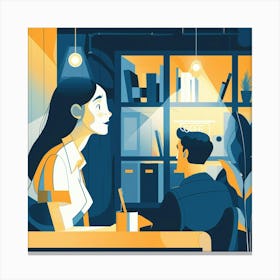 Illustration Of A Couple In A Cafe Canvas Print