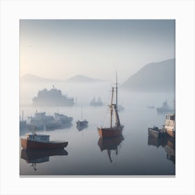 Dreamshaper V7 A Serene Fogcovered Harbor With Fishing Boats G 0 Canvas Print