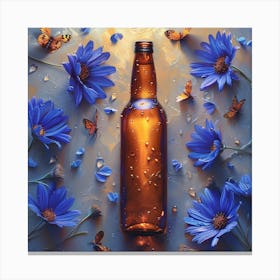 Beer Bottle With Blue Flowers Canvas Print