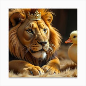 Regal Companions: A Lion and a Duckling Canvas Print