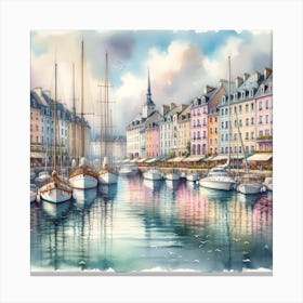 Watercolor Of A Harbor In France Canvas Print