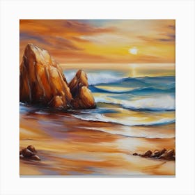 The sea. Beach waves. Beach sand and rocks. Sunset over the sea. Oil on canvas artwork.3 Canvas Print