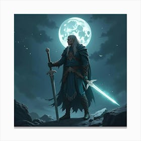 Elven Warrior With Glowing Sword, Standing In Moonlight 1 Canvas Print