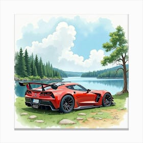 High Performance Car In A Scenic Lakeside Setting, Watercolor Painting 1 Canvas Print