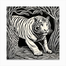 Tiger In The Forest Linocut Canvas Print