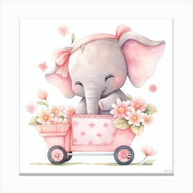 Little Elephant In A Pink Cart - nursery decor, baby girl Canvas Print