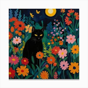 Black Cat At Night With Flowers  Canvas Print