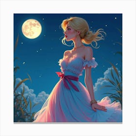 Fashionable Woman In Watercolor Attire, Dreamy Moonlit Night 1 Canvas Print