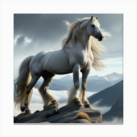white Horse With Long Flowing Mane Poised On Rocky Outcropping Mountain Range Looming In The Back Canvas Print