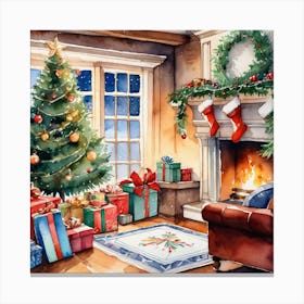 Christmas Presents Under Christmas Tree At Home Next To Fireplace Watercolor Trending On Artstatio (1) Canvas Print
