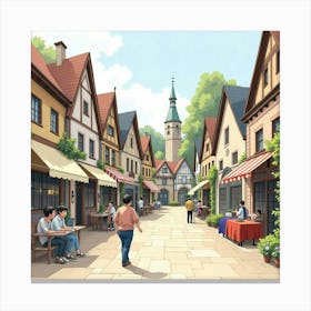 Charming Village Square In Watercolor, With Quaint Shops And Street Performers Canvas Print