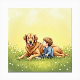 Affectionate Golden Retriever And Child Relaxing In A Sunlit Meadow, Watercolor 1 Canvas Print