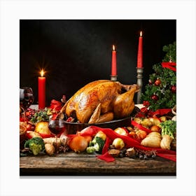 Festive Christmas Feast Centerpiece Roast Turkey Glistening With Herbs Surrounded By An Assortment Canvas Print