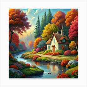 Small Stone House By A Stream In An Autumn Forest Canvas Print