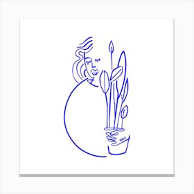 Plants In Blue Square Canvas Line Art Print