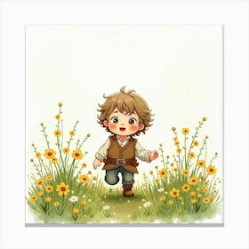 Watercolor Scene Of A Hobbit Child Playing In A Field Of Wildflowers Canvas Print