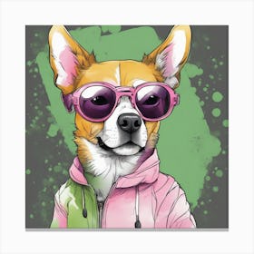 Beguiling Watercolor Painting, Watercolor Texture, A Dog Wearing Sunglasses And A T Shirt, In The St (1) Canvas Print