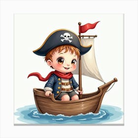 Watercolor Baby Boy Dressed As A Pirate, Sailing On A Calm Sea Canvas Print