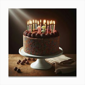 Scrumptious and Delicious Chocolate Cake with Brightly Burning Candles to Celebrate a Special Day Canvas Print