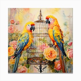 Parrots And Roses Canvas Print