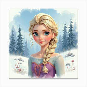 Watercolor Portrait Of Young Queen Amidst A Serene, Snowy Landscape Canvas Print