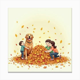 A Golden Retriever And A Family Playing In A Leaf Pile, Watercolor 1 Canvas Print