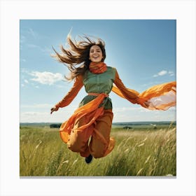 A Youthful Female Exuding Vitality Engaged In Jumping With Unrestrained Joy Sporting Healthy Slim (2) Canvas Print