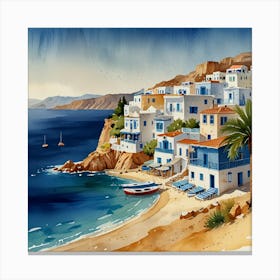 Watercolor Of Greek Village.Summer on a Greek island. Sea. Sand beach. White houses. Blue roofs. The beauty of the place. Watercolor. Canvas Print