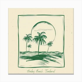 Railay Beach, Thailand Green Line Art Illustration Canvas Print