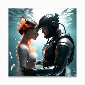 3d Dslr Photography Couples Inside Under The Sea Water Swimming Holding Each Other, Cyberpunk Art, By Krenz Cushart, Both Are Wearing A Futuristic Swimming With Helmet Suit Of Power Armor 5 Canvas Print