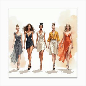 Sleek Fashion Runway In Watercolor, Showcasing Dynamic Designs And Models Canvas Print