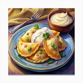 A Plate Of Fried Dumplings With Sour Cream And Green Onions Canvas Print