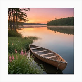 Canoe On Lake Canvas Print