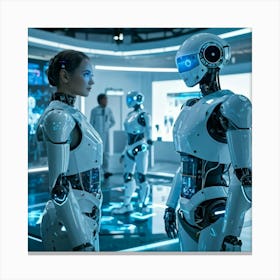 Futuristic Ai Center Holographic Interfaces Connecting With Sleek Humanoid Robots Humans In Advanc Canvas Print