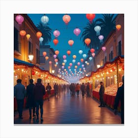 Spanish Street Fair With Watercolor Lights And Vibrant Festivities Canvas Print