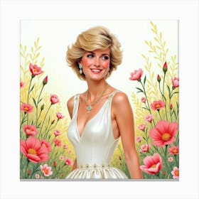 Elegant Princess Diana Surrounded By Watercolor Meadow Of Flowers Canvas Print