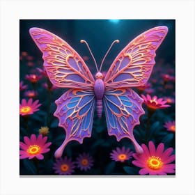 An Abstract Butterfly With Fractal Patterns In A Garden Of Neon Flowers 1 Canvas Print